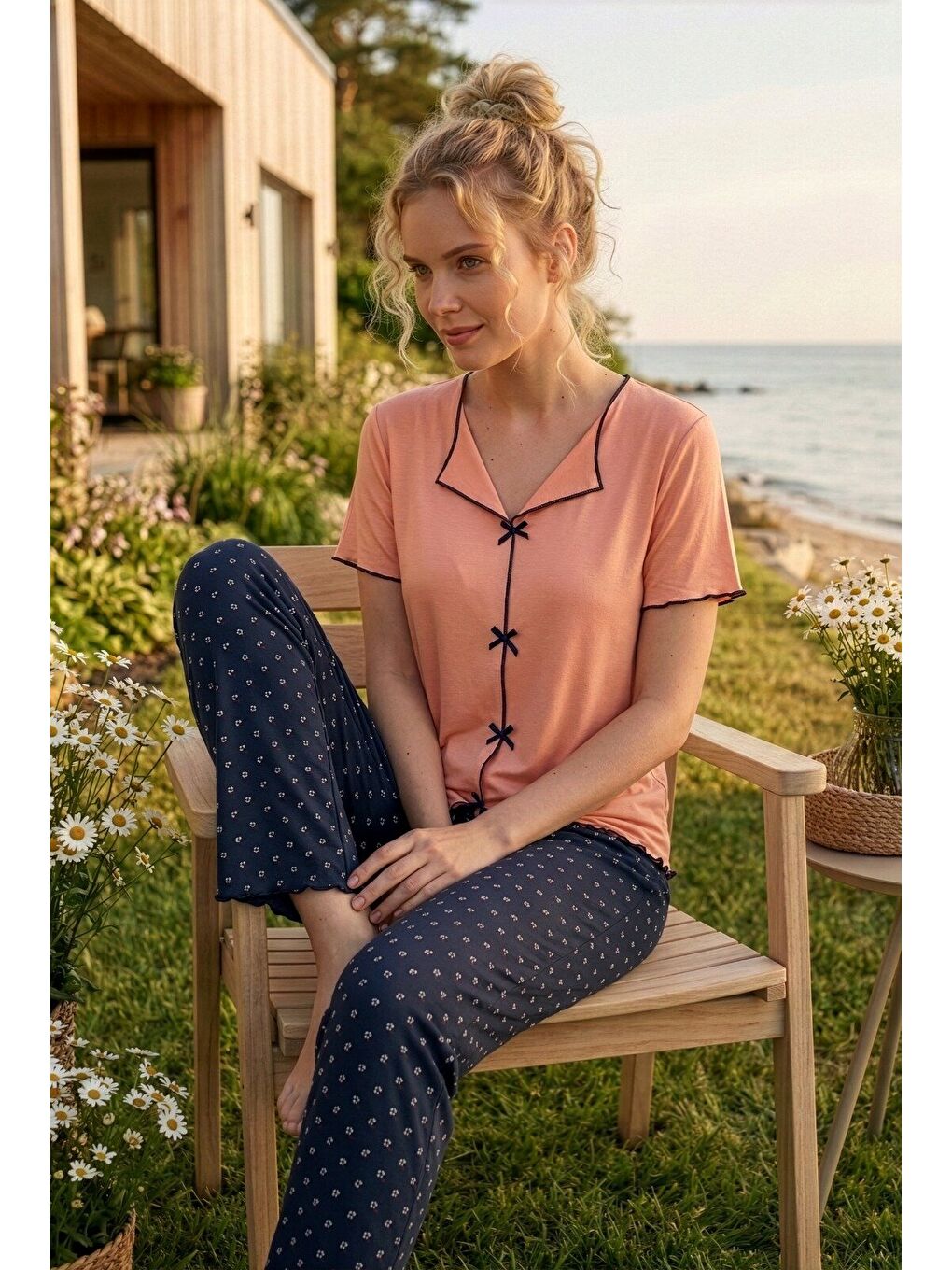 Pembe Kadın Kurdele/Fiyonklu Kısa Kollu Yüksek Kaliteli Esnek Pijama Takımı