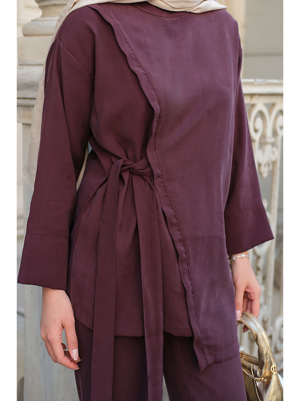 Kadın Yandan Bağlamalı Armani Modal Takım Mürdüm-3