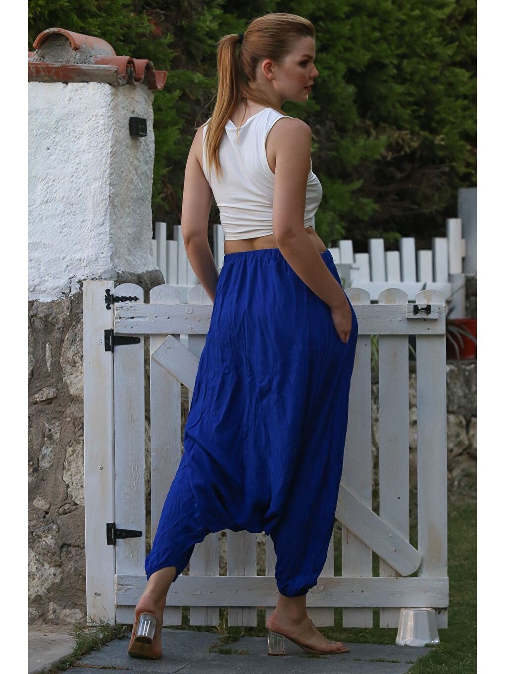 Saks Mavisi Yıkamalı Lastikli Bel Şalvar Paça Casual Krinkıl Dokuma Pantolon 95 80-1