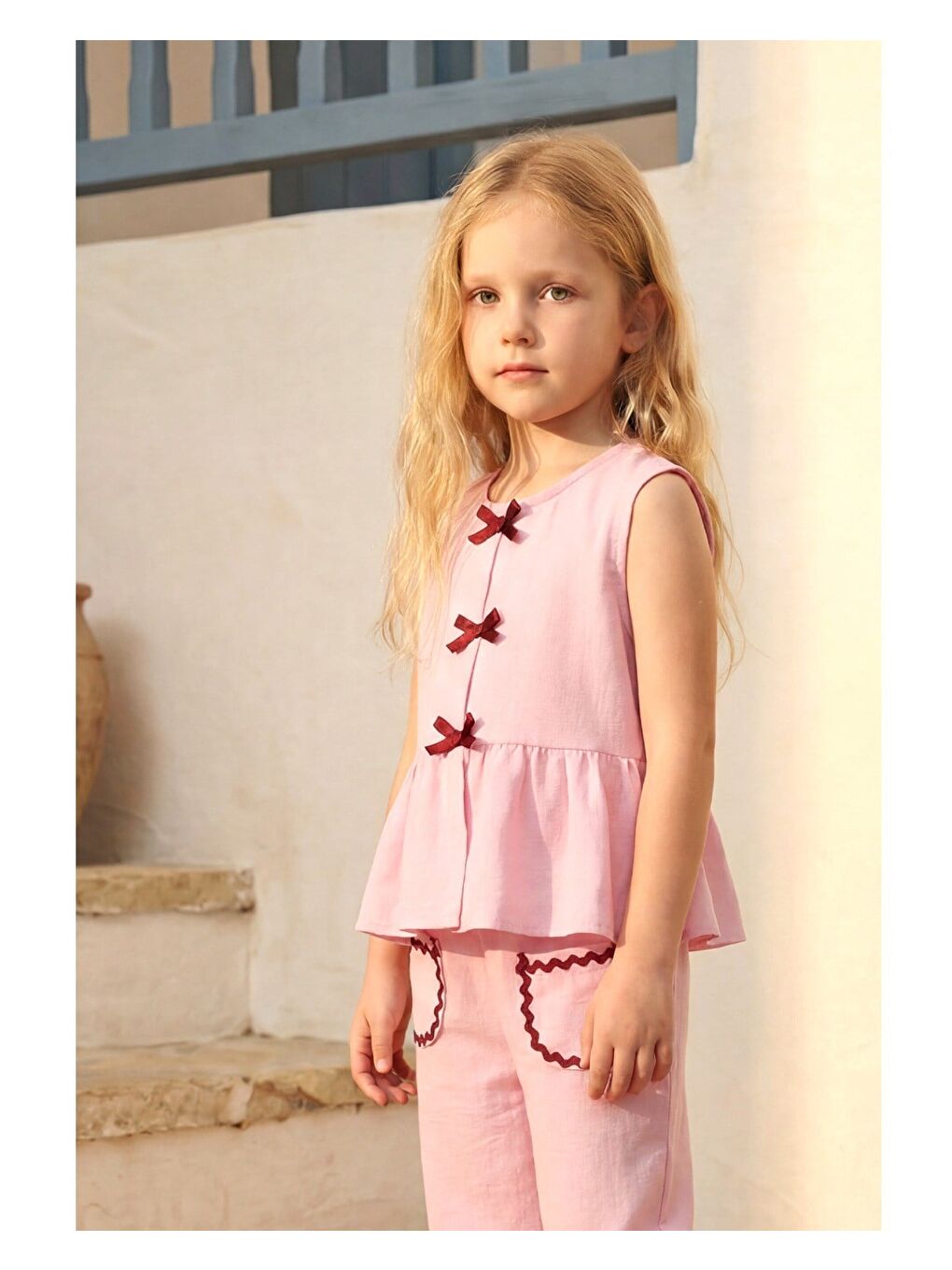 Pembe Kız Çocuk Pamuklu Pudra Fiyonk Detaylı Bluz Pantolon Takım-3