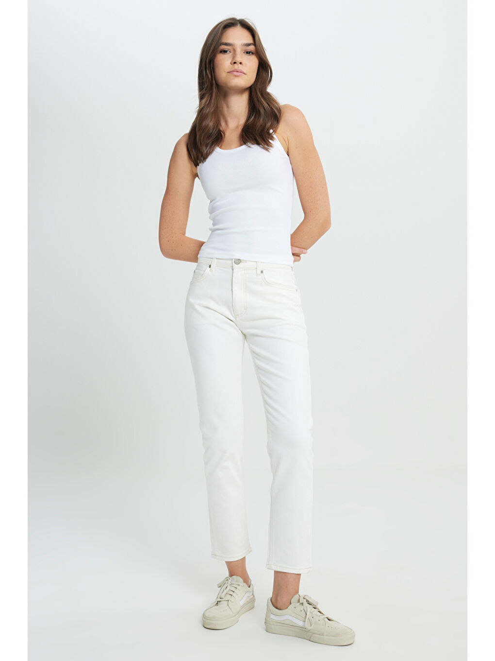 Slim Fit Dar Kesim Normal Bel Dar Paça %100 Pamuk Rider Ekru Jean Jean Pantolon-2