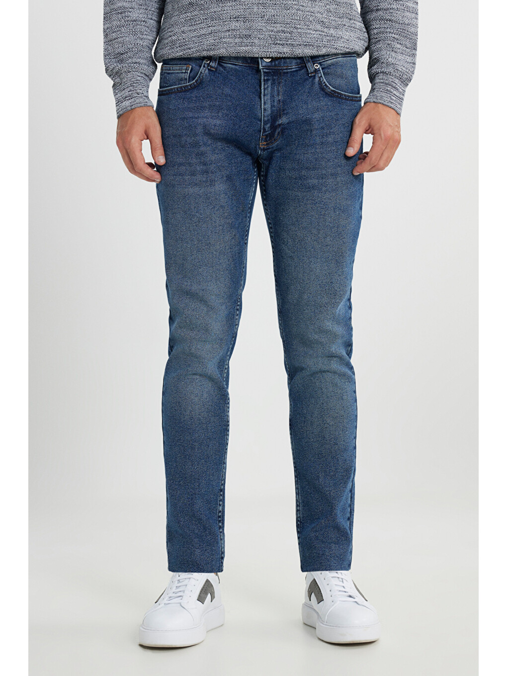Erkek İndigo Pamuklu Esnek Slim Fit Dar Kesim 5 Cep Jean Denim Pantolon-1