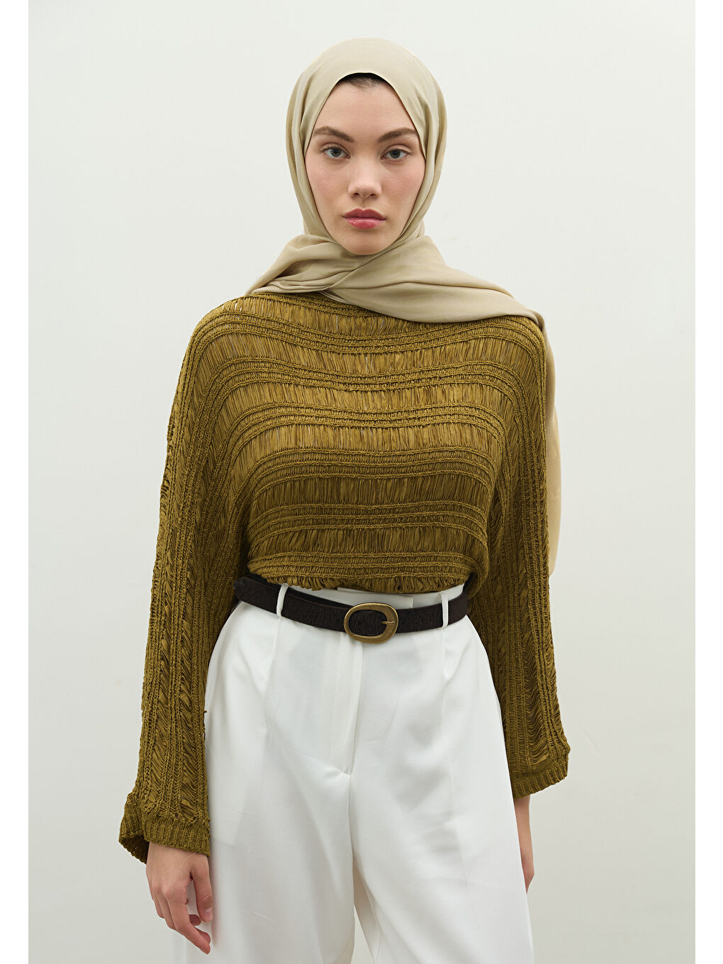 Bej NARA PAMUK FLOŞ JAKARLI ŞAL KUM-3