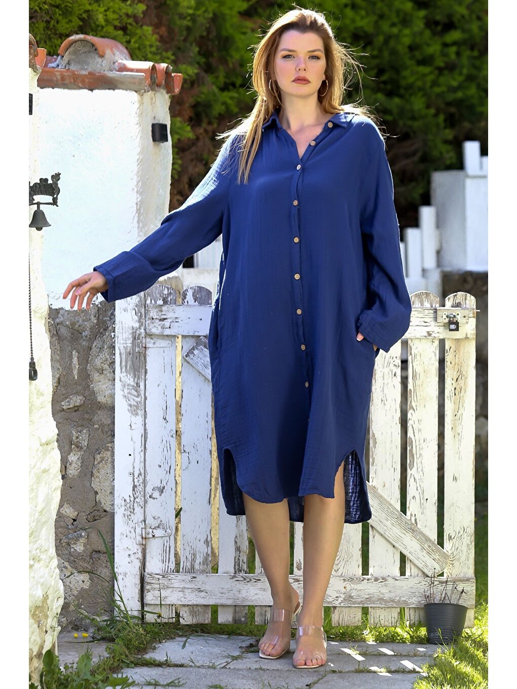 Lacivert Gömlek Yaka Düğmeli Uzun Kollu Gizli Cepli Casual Müslin Dokuma Elbise 115 68-3