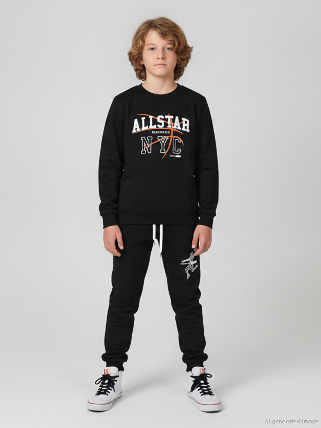 Siyah Bisiklet Yaka Erkek Çocuk Baskılı Sweatshirt Ve Eşofman Alt 2'li Takım