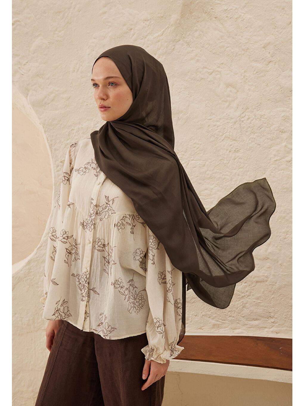 Kahverengi Rami Viskon Şal Acı Kahve-1