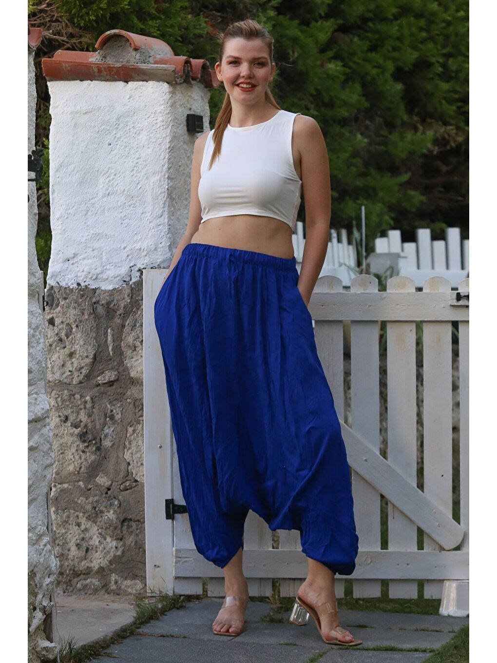 Saks Mavisi Yıkamalı Lastikli Bel Şalvar Paça Casual Krinkıl Dokuma Pantolon 95 80-2