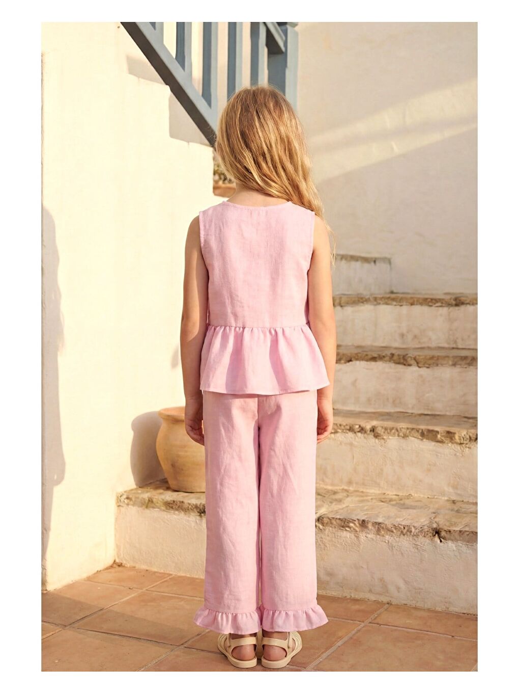 Pembe Kız Çocuk Pamuklu Pudra Fiyonk Detaylı Bluz Pantolon Takım-5
