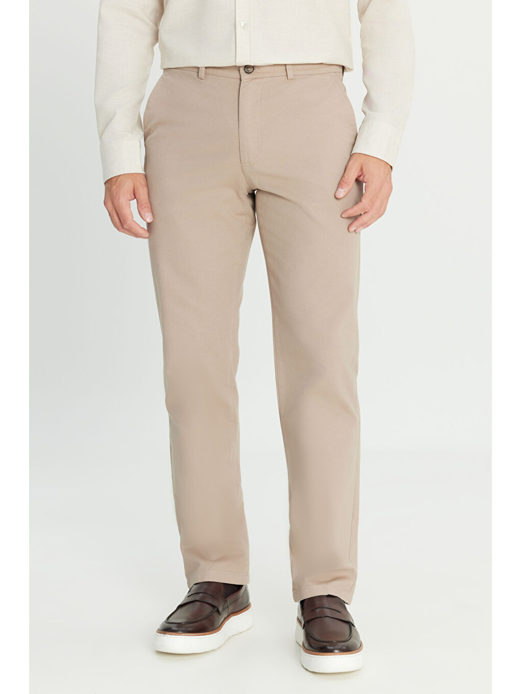 Bej Erkek Taş %100 Pamuk Comfort Fit Rahat Kesim Yan Cepli Pantolon