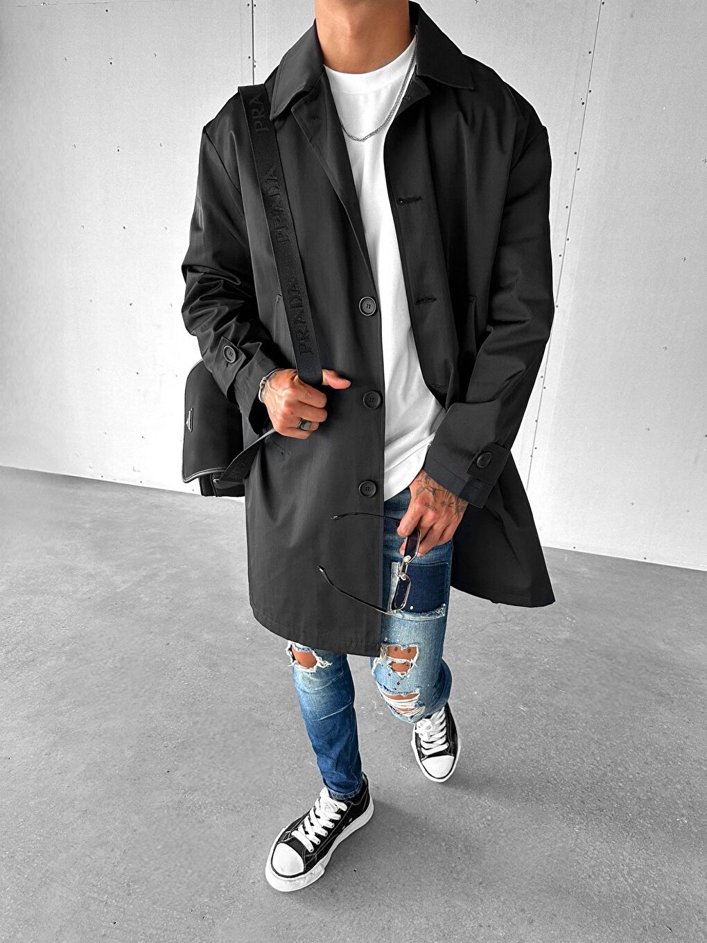 Erkek Oversize Uzun Su ve Rüzgar Geçirmez Pardesü Trençkot Siyah