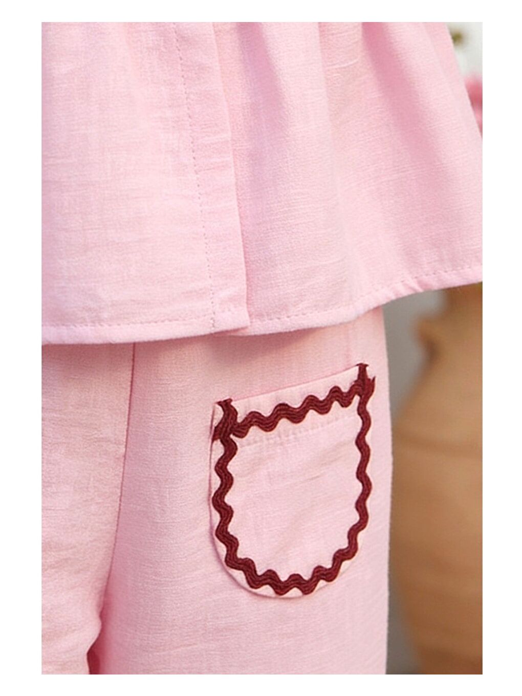 Pembe Kız Çocuk Pamuklu Pudra Fiyonk Detaylı Bluz Pantolon Takım-6