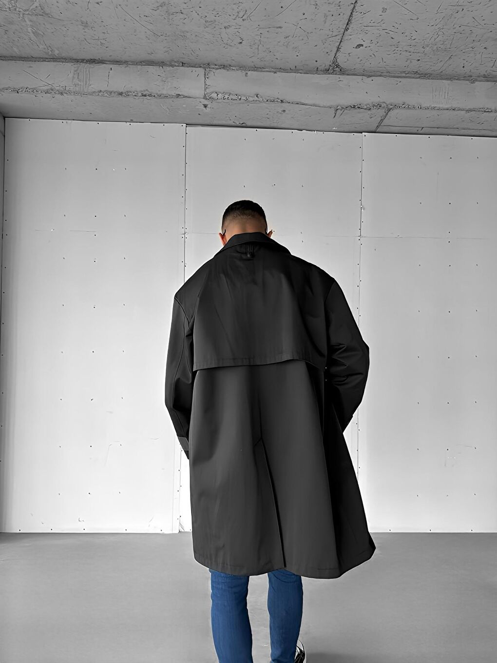 Erkek Oversize Uzun Su ve Rüzgar Geçirmez Pardesü Trençkot Siyah-1
