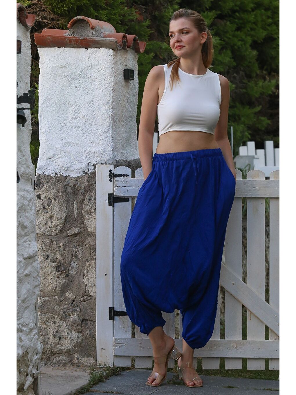 Saks Mavisi Yıkamalı Lastikli Bel Şalvar Paça Casual Krinkıl Dokuma Pantolon 95 80-3