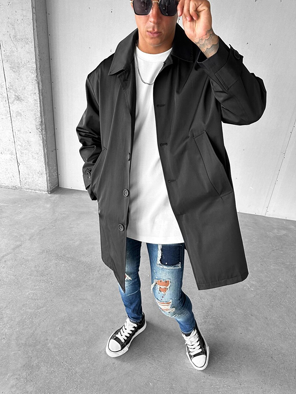 Erkek Oversize Uzun Su ve Rüzgar Geçirmez Pardesü Trençkot Siyah-2