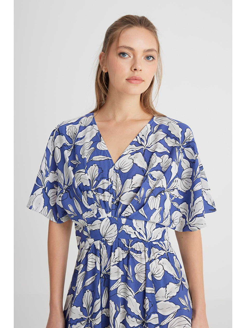 Loose Fit Rahat Kesim V Yaka Lacivert Elbise-3