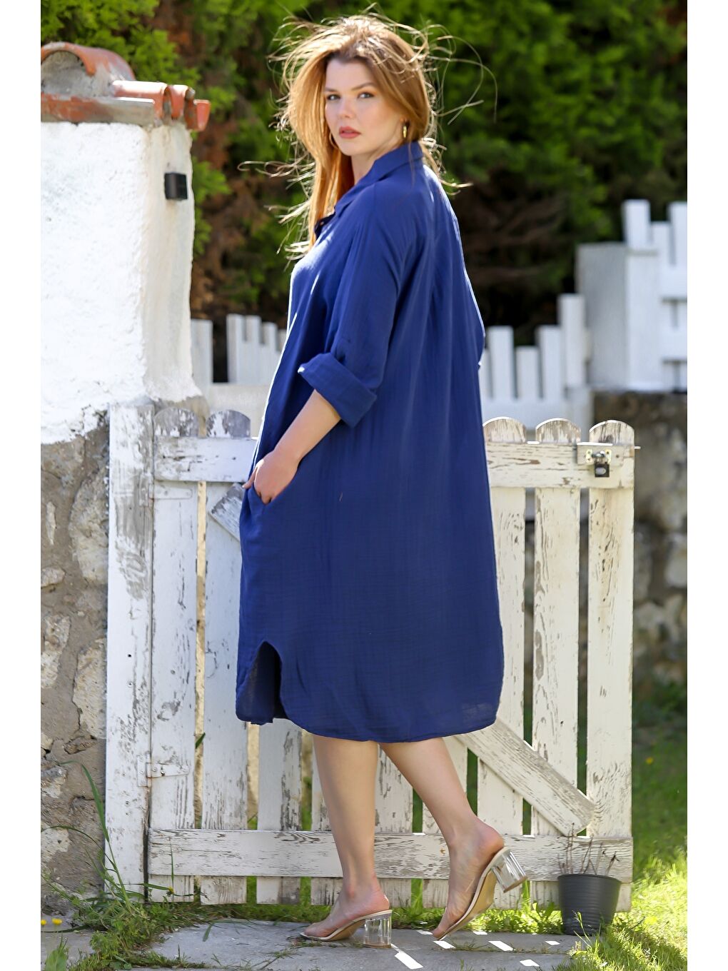 Lacivert Gömlek Yaka Düğmeli Uzun Kollu Gizli Cepli Casual Müslin Dokuma Elbise 115 68-5