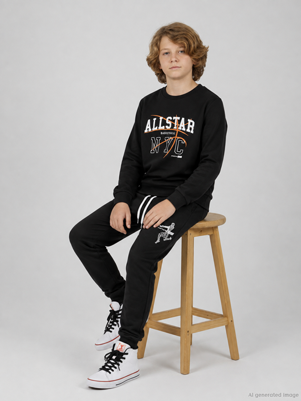 Siyah Bisiklet Yaka Erkek Çocuk Baskılı Sweatshirt Ve Eşofman Alt 2'li Takım-1