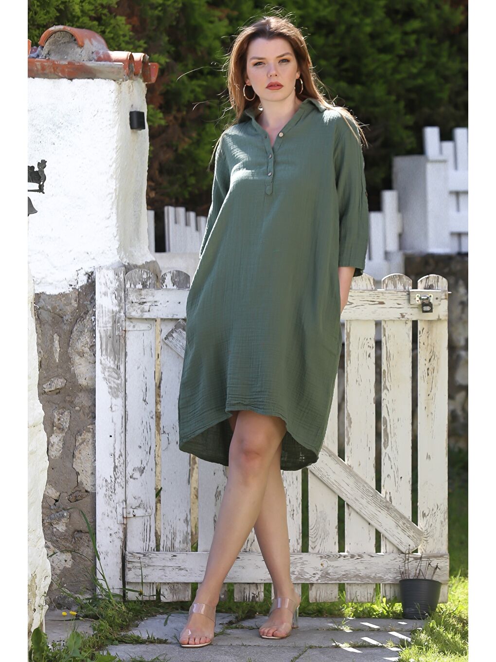 Haki Gömlek Yaka Düğmeli 3/4 Kol Gizli Cepli Casual Müslin Dokuma Elbise 105 60-4