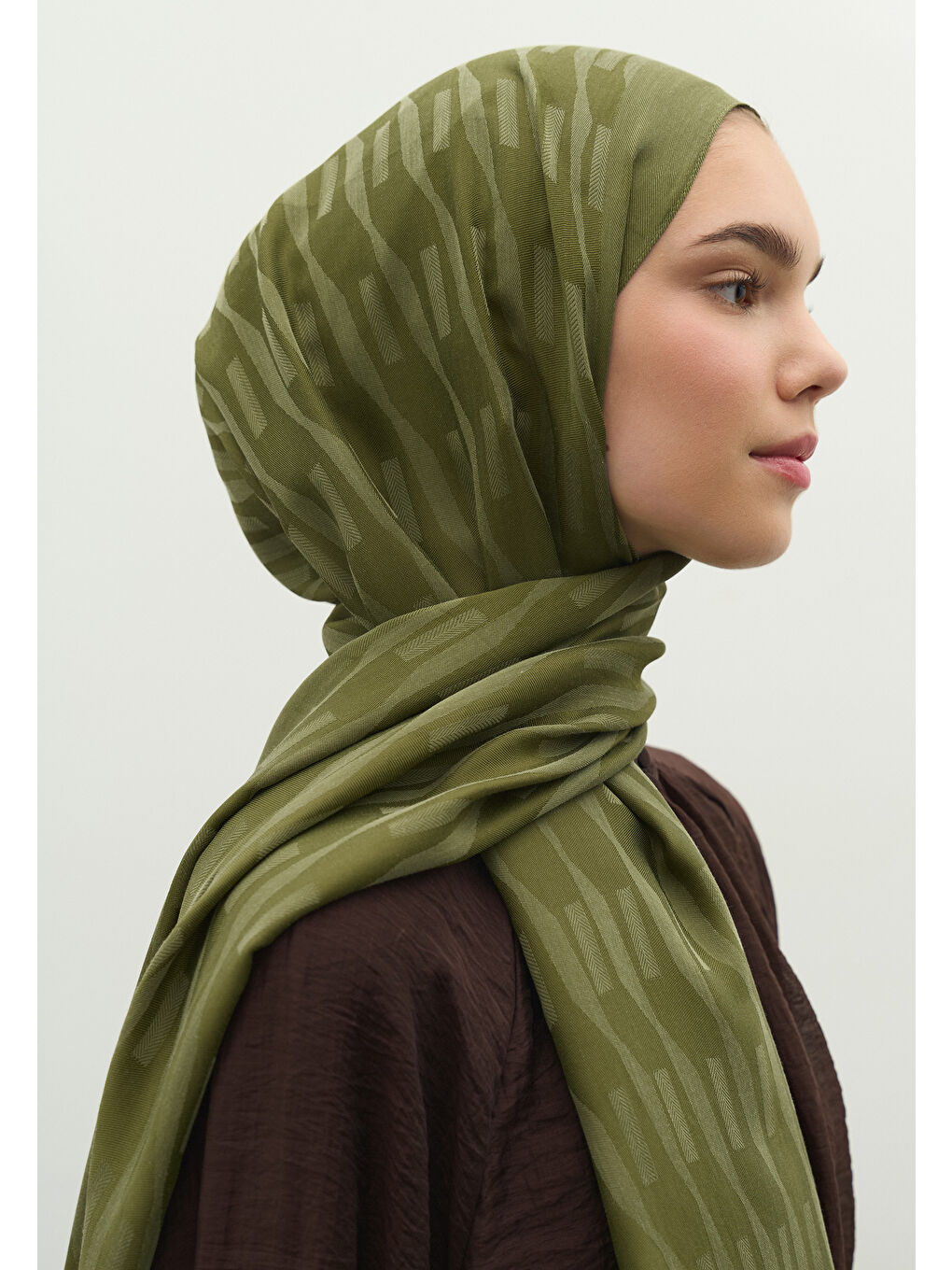 Yeşil NARA PAMUK FLOŞ JAKARLI ŞAL ZEYTİN YEŞİLİ-1