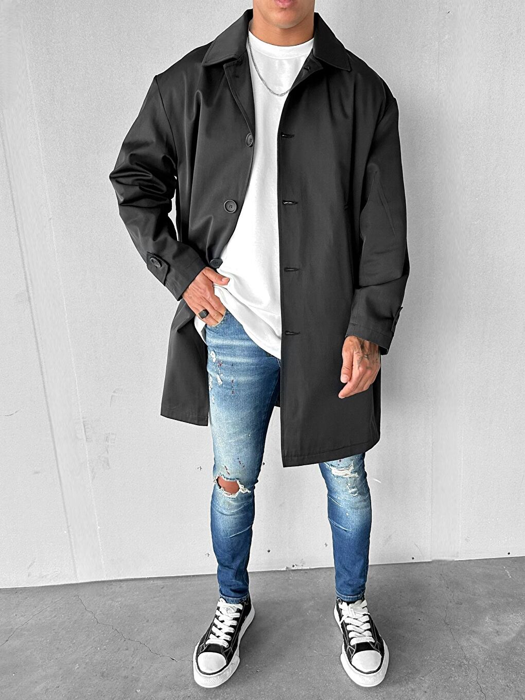 Erkek Oversize Uzun Su ve Rüzgar Geçirmez Pardesü Trençkot Siyah-4