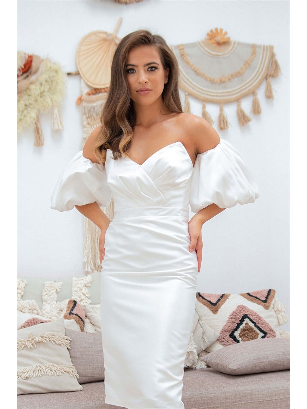 Ekru Saten Balon Kol Kısa Nikah Abiye Elbise-2