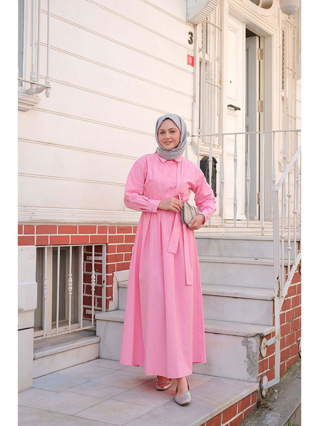 Kadın Önü Pileli Poplin Elbise  Pembe-1