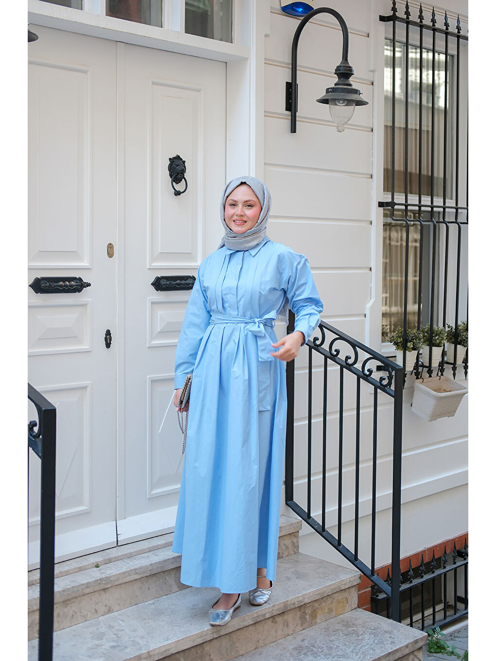 Kadın Önü Pileli Poplin Elbise  Mavi-1