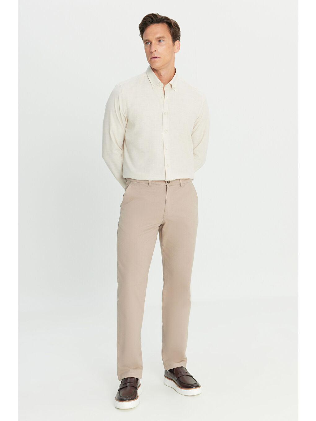 Bej Erkek Taş %100 Pamuk Comfort Fit Rahat Kesim Yan Cepli Pantolon-1