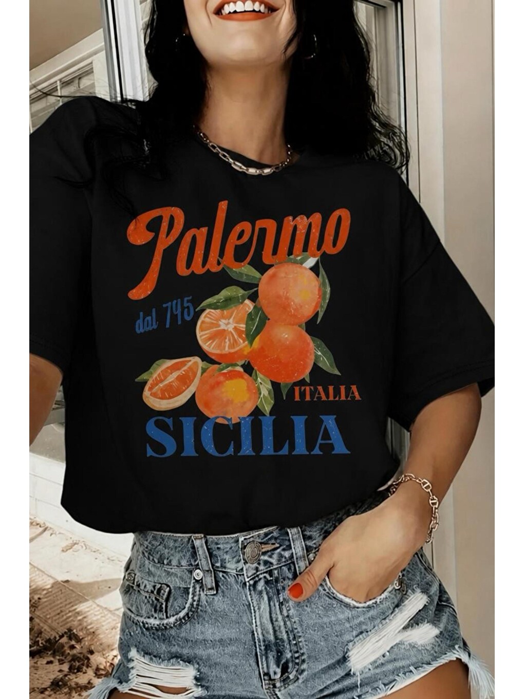 Siyah Palermo Sicilya Portakal Temalı Bisiklet Yaka Pamuklu Oversize T-shirt