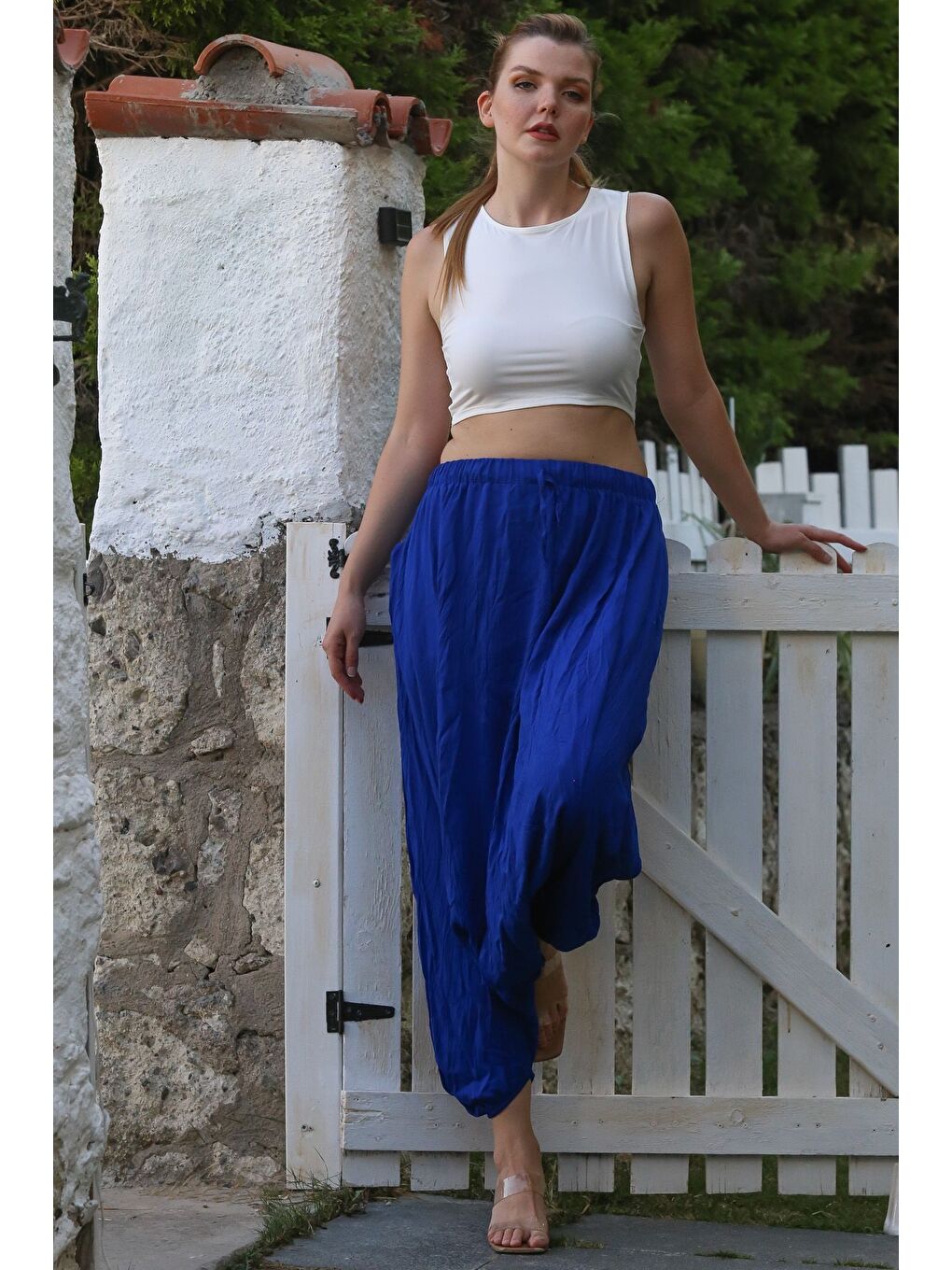 Saks Mavisi Yıkamalı Lastikli Bel Şalvar Paça Casual Krinkıl Dokuma Pantolon 95 80-4