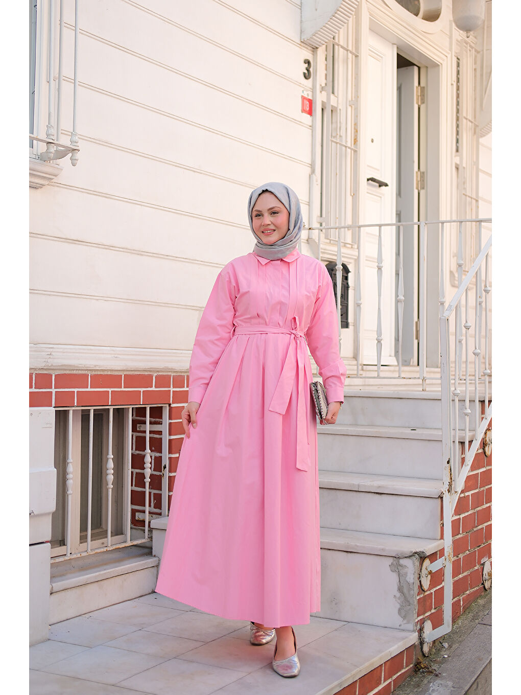 Kadın Önü Pileli Poplin Elbise  Pembe-2