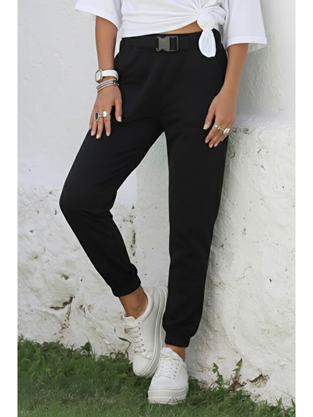 Siyah Kemer Tokalı Lastikli Bel Casual Gabardin Dokuma Pantolon 100 55