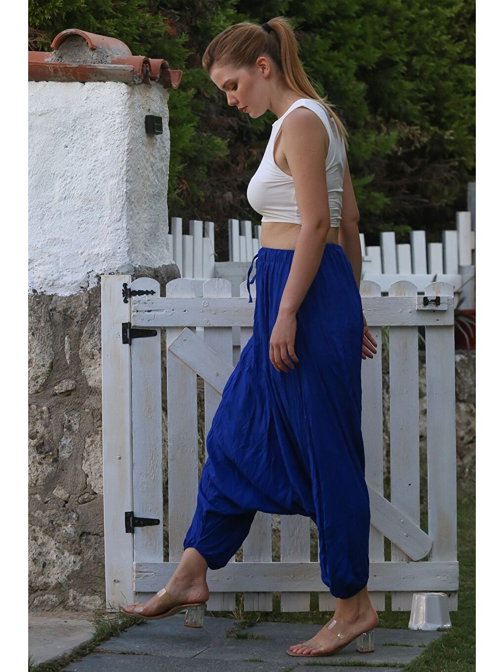 Saks Mavisi Yıkamalı Lastikli Bel Şalvar Paça Casual Krinkıl Dokuma Pantolon 95 80-5