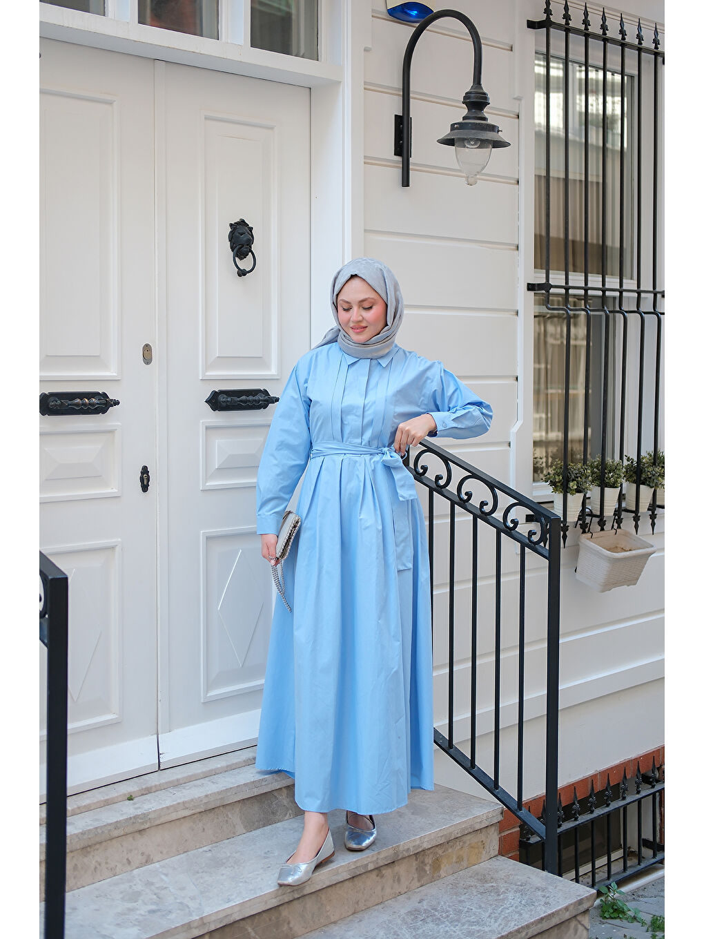 Kadın Önü Pileli Poplin Elbise  Mavi-2