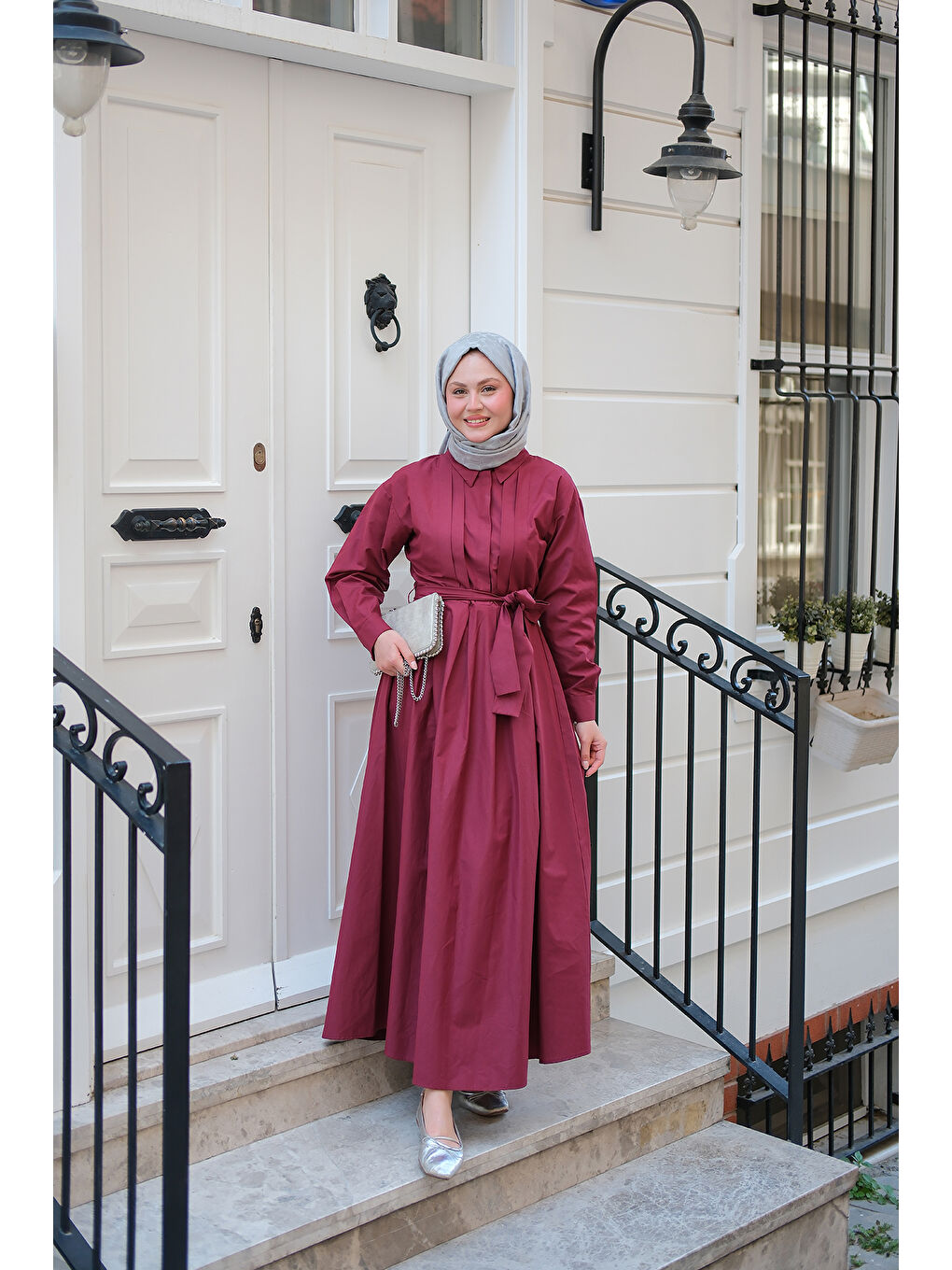 Kadın Önü Pileli Poplin Elbise Bordo