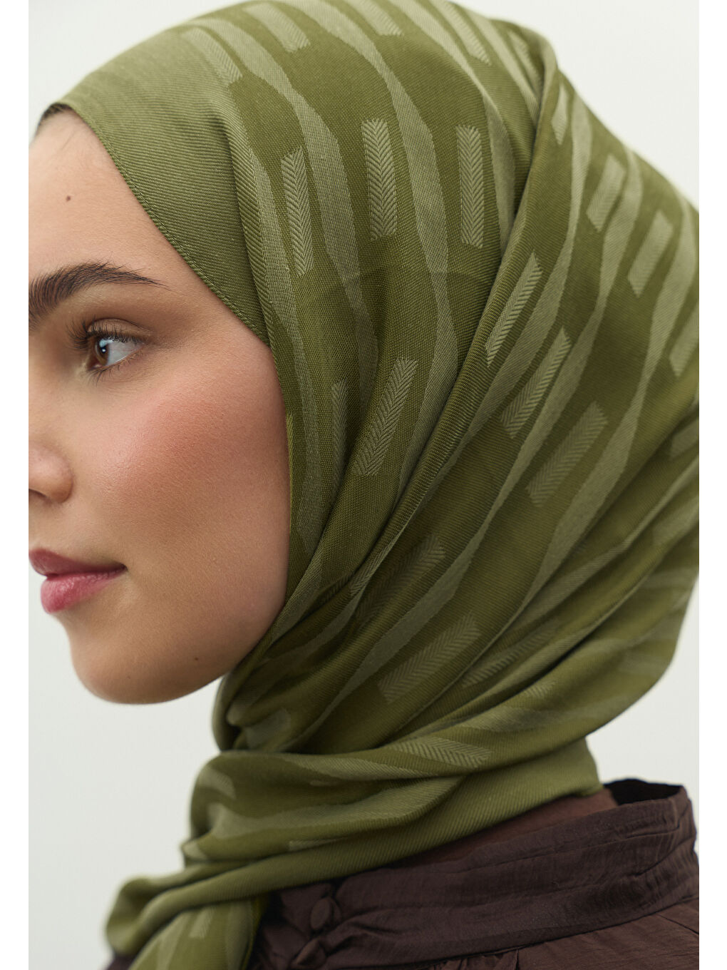 Yeşil NARA PAMUK FLOŞ JAKARLI ŞAL ZEYTİN YEŞİLİ-3