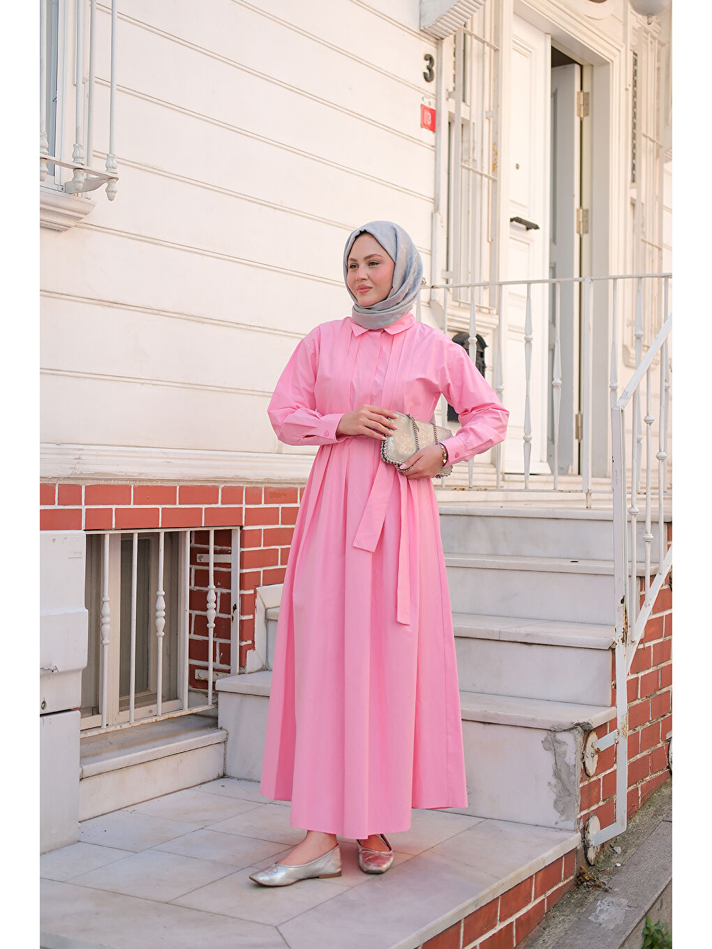 Kadın Önü Pileli Poplin Elbise  Pembe-3