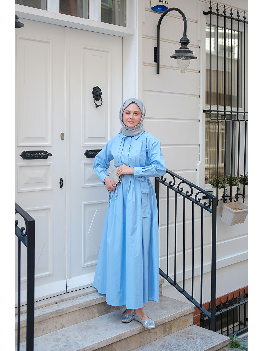 Kadın Önü Pileli Poplin Elbise  Mavi-3