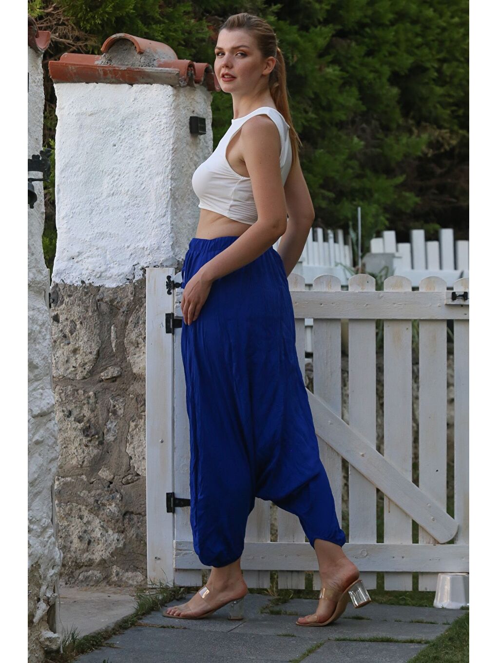 Saks Mavisi Yıkamalı Lastikli Bel Şalvar Paça Casual Krinkıl Dokuma Pantolon 95 80-6