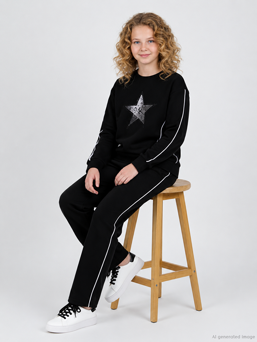 Siyah Bisiklet Yaka Kız Çocuk Baskılı Sweatshirt Ve Eşofman Alt 2'li Takım-1