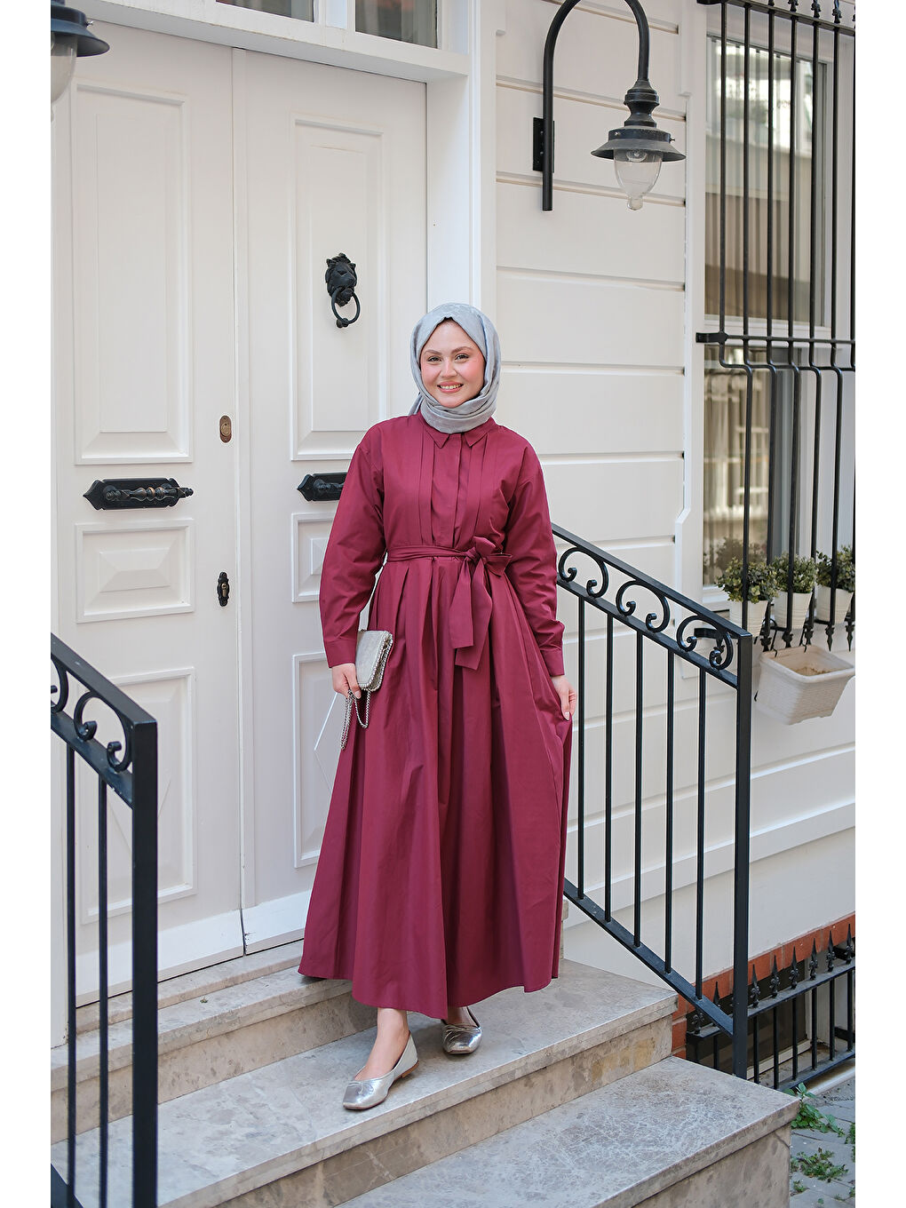 Kadın Önü Pileli Poplin Elbise Bordo-1