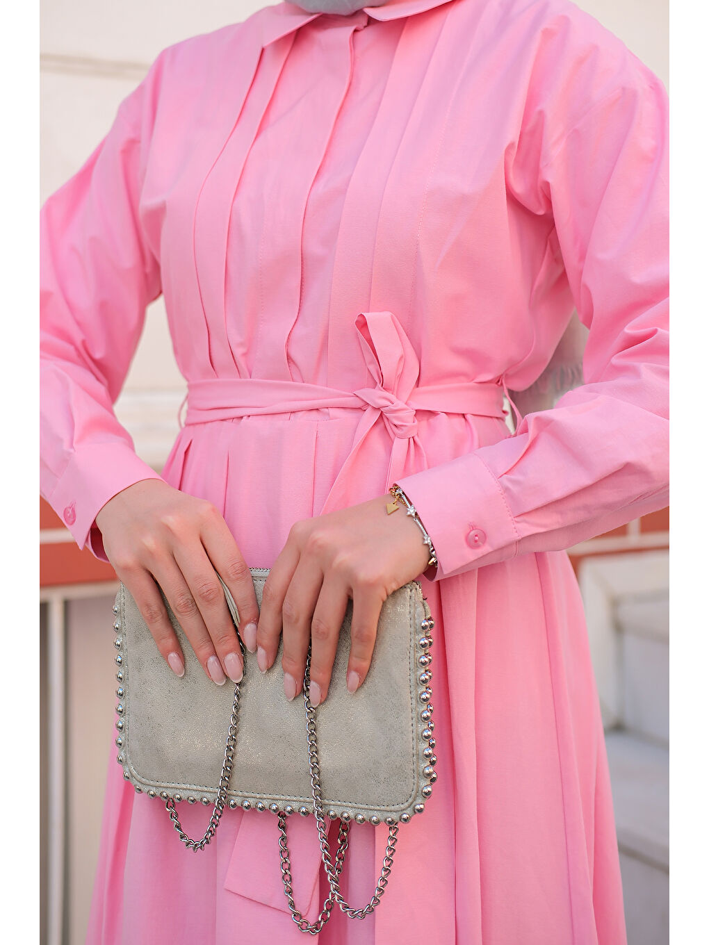 Kadın Önü Pileli Poplin Elbise  Pembe-4