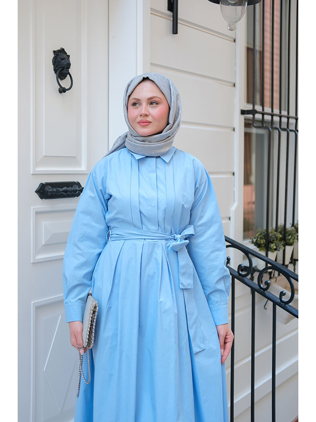 Kadın Önü Pileli Poplin Elbise  Mavi-4