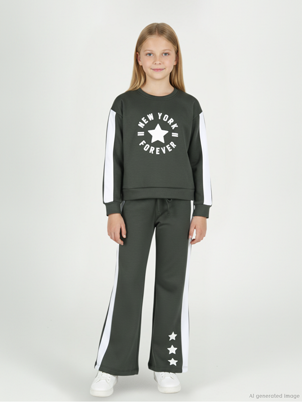 Gri Bisiklet Yaka Kız Çocuk Baskılı Sweatshirt Ve Eşofman Alt 2'li Takım