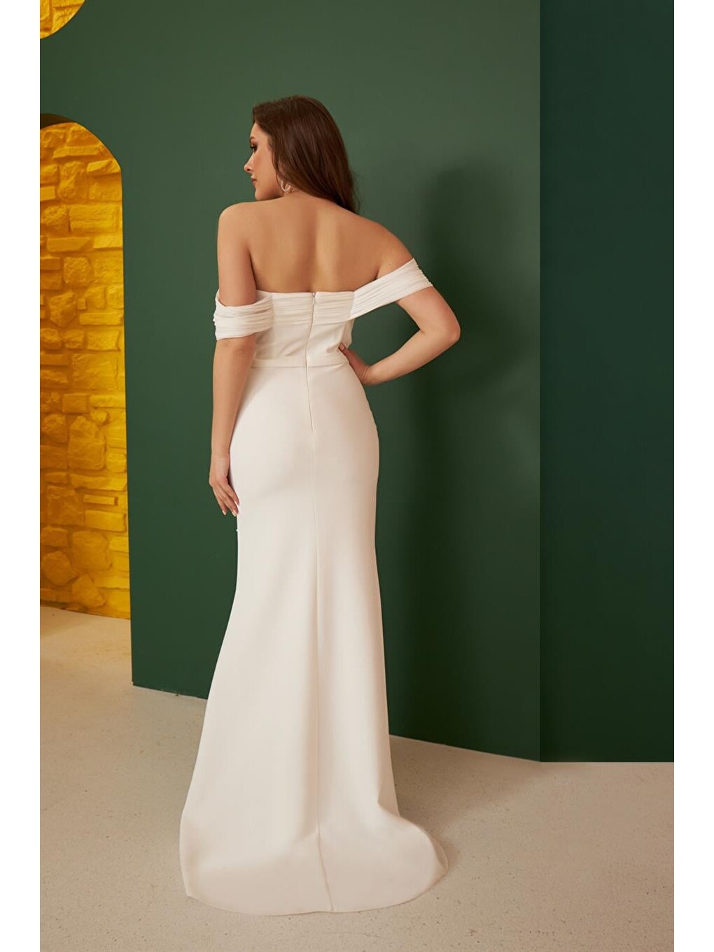 Ekru Krep İnci İşlemeli Uzun Söz Elbisesi Ve Nikah Elbisesi-3