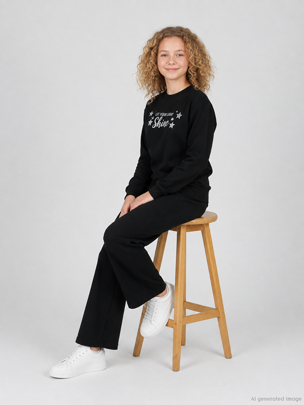 Siyah Bisiklet Yaka Kız Çocuk Baskılı Sweatshirt Ve Eşofman Alt 2'li Takım-1