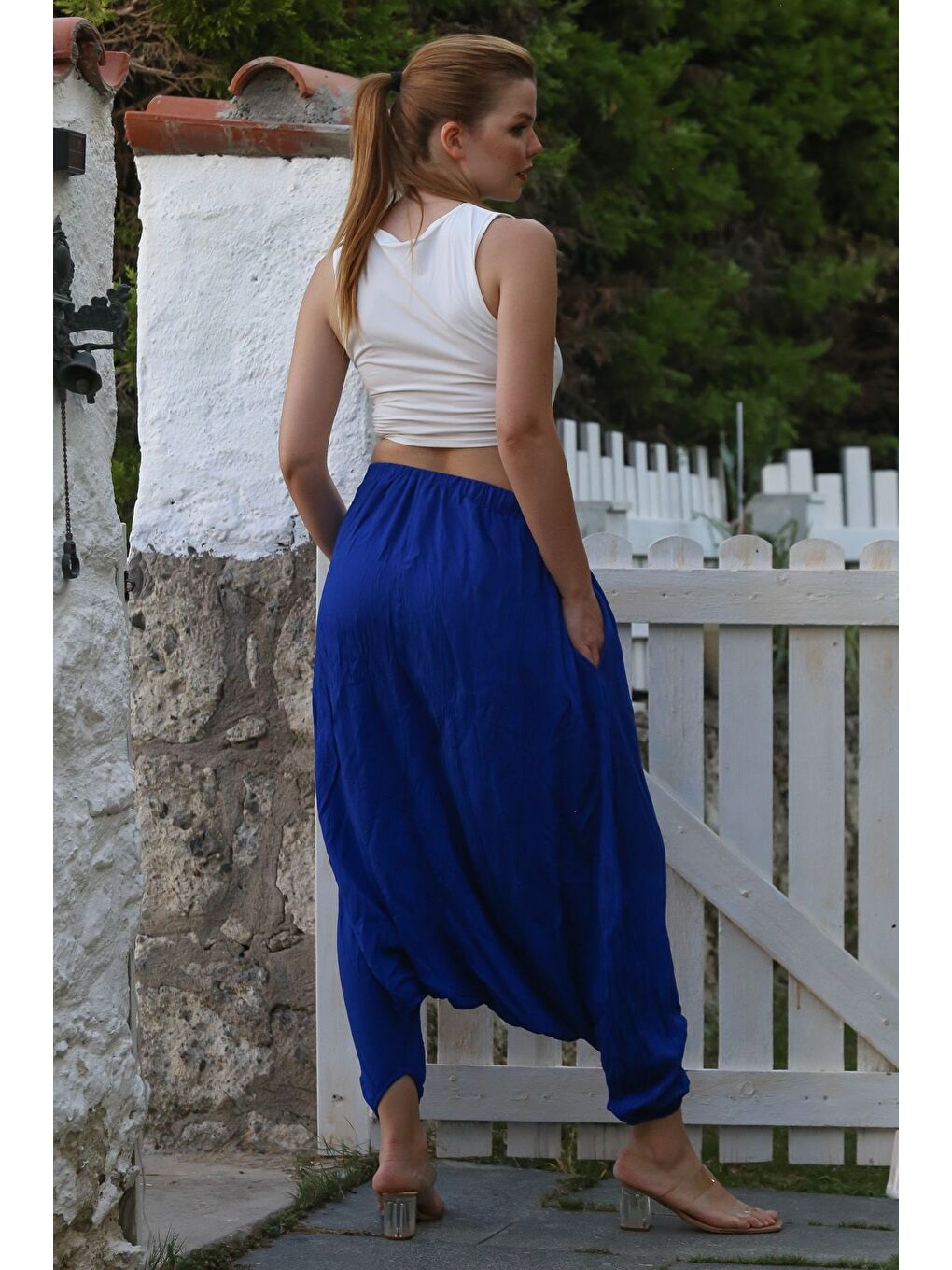 Saks Mavisi Yıkamalı Lastikli Bel Şalvar Paça Casual Krinkıl Dokuma Pantolon 95 80-7