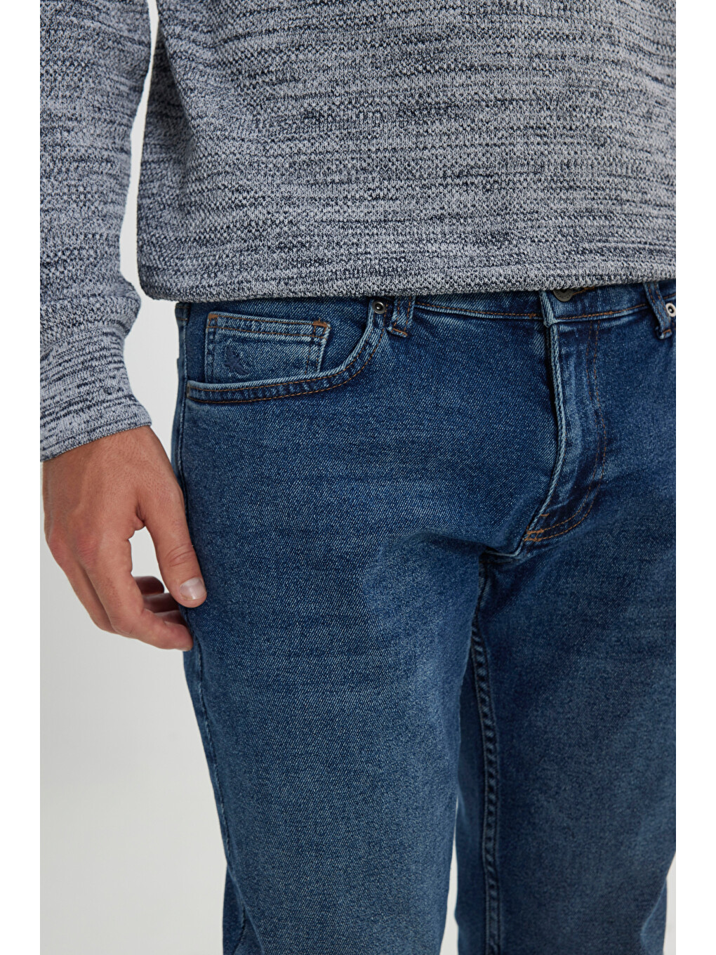 Erkek İndigo Pamuklu Esnek Slim Fit Dar Kesim 5 Cep Jean Denim Pantolon-3