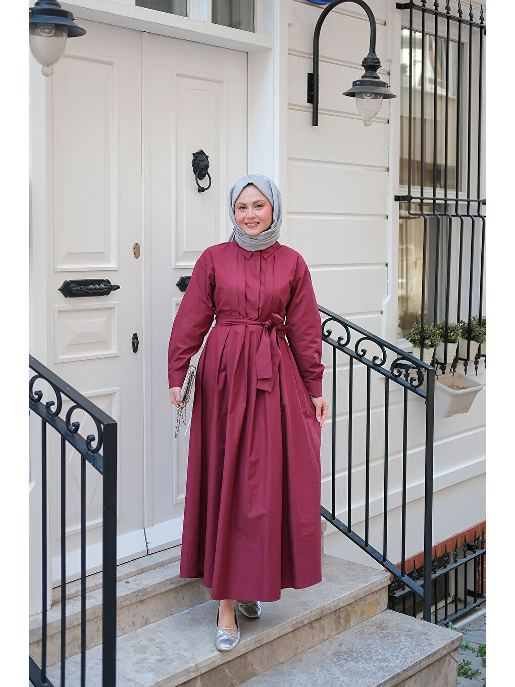 Kadın Önü Pileli Poplin Elbise Bordo-3