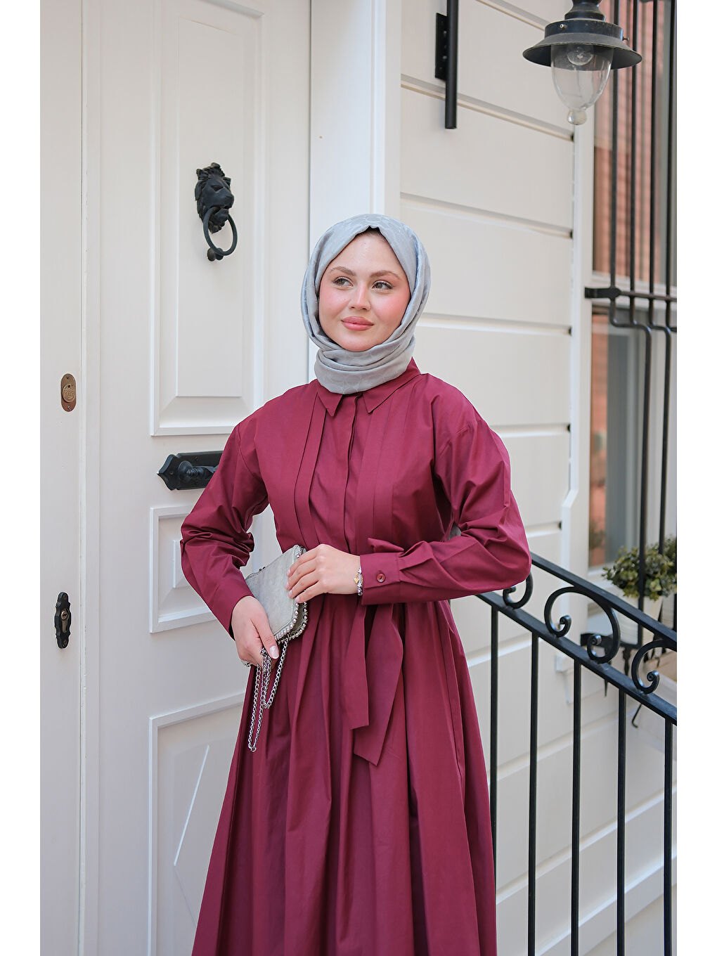 Kadın Önü Pileli Poplin Elbise Bordo-4